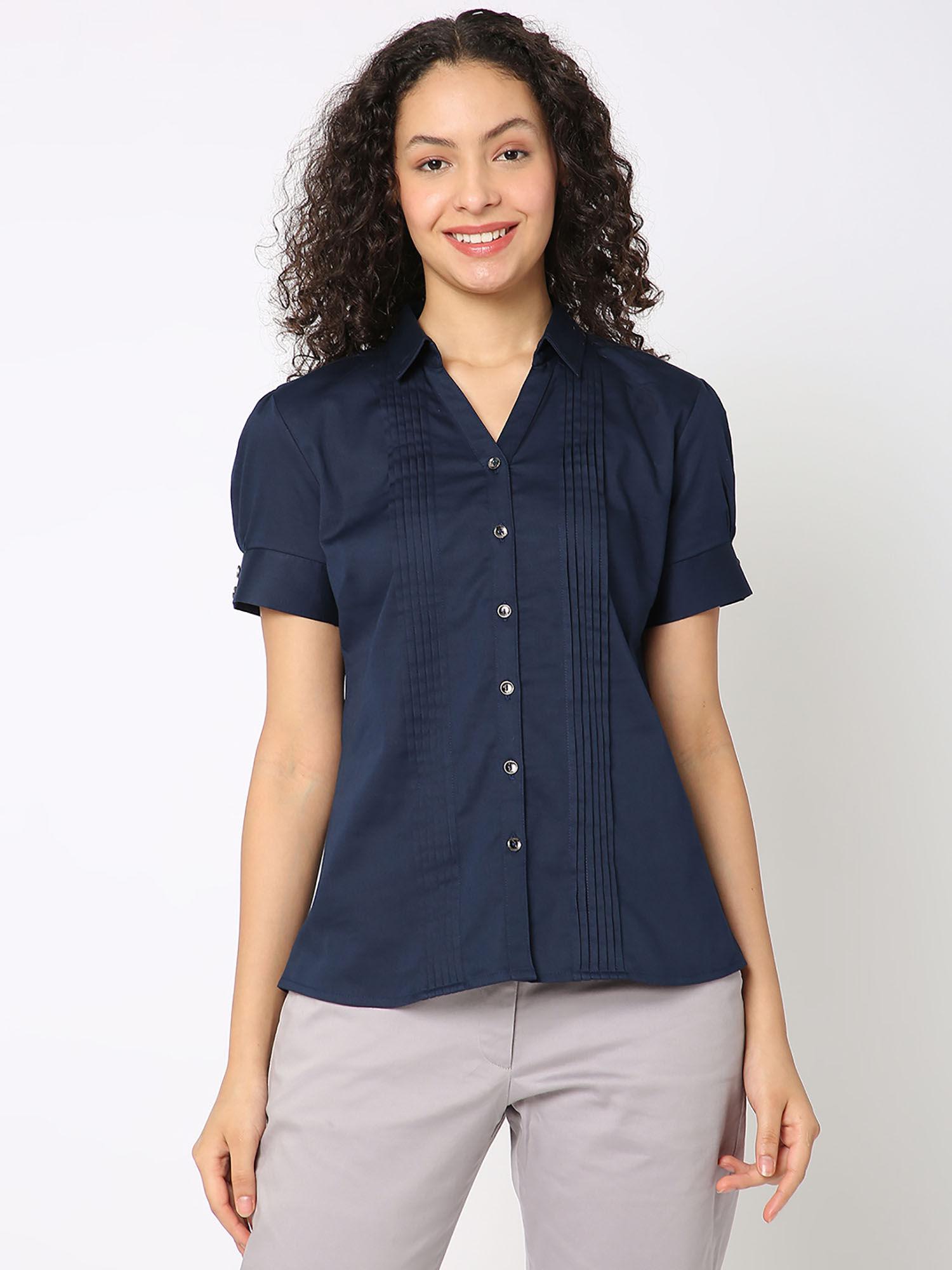 navy blue cotton satin formal shirt