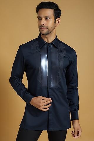 navy blue cotton satin structured shirt