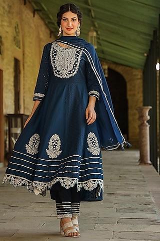 navy blue cotton schiffli sequins embroidered anarkali set