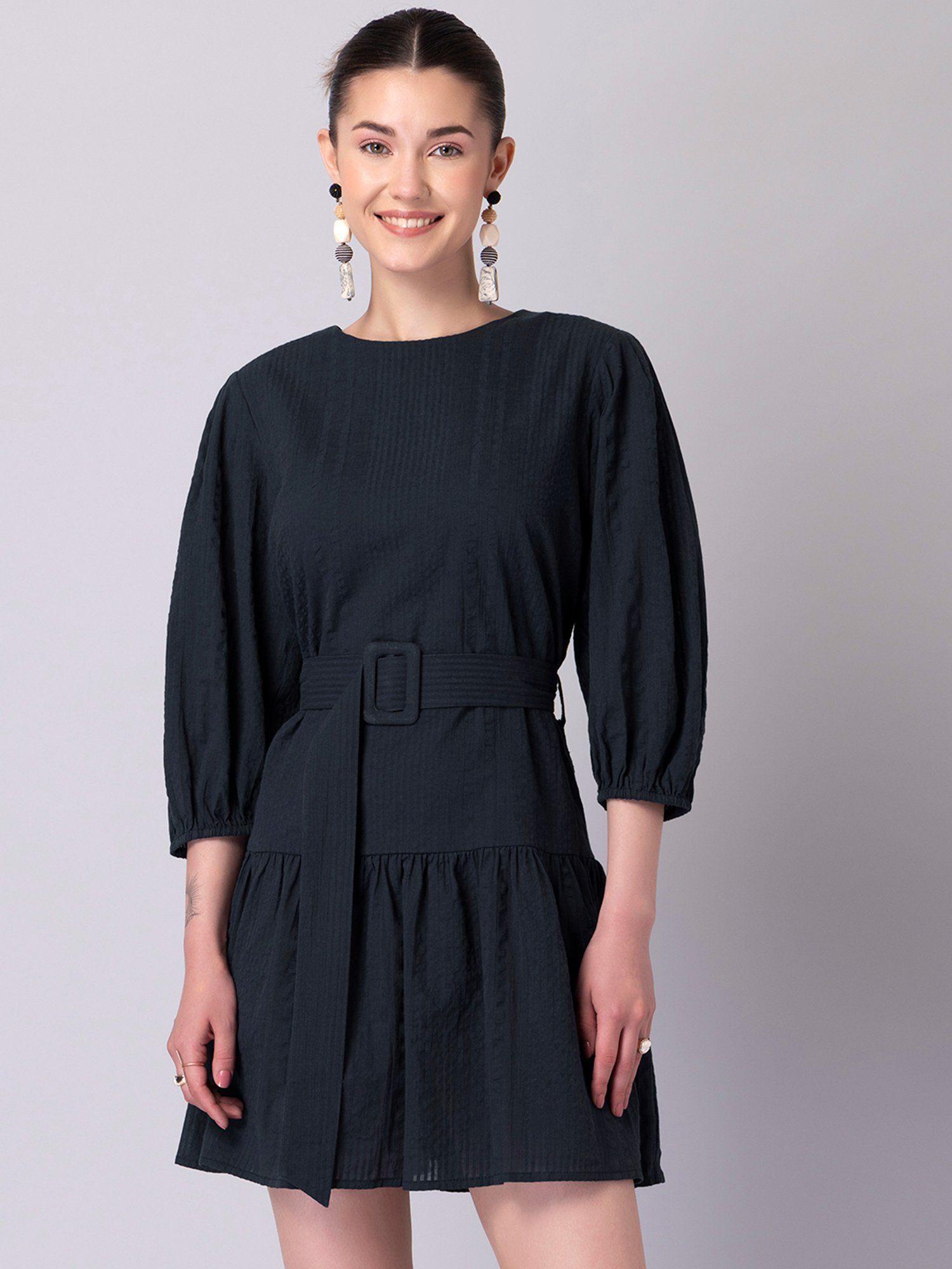 navy blue cotton shift dress with belt