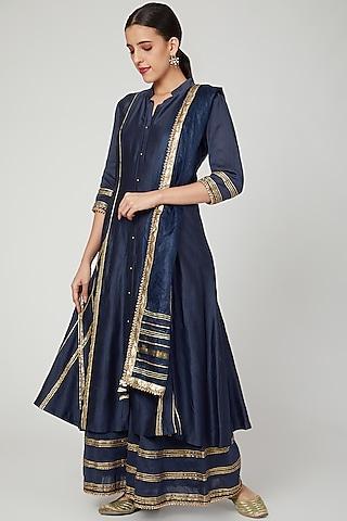navy blue cotton silk & chanderi embroidered kurta set