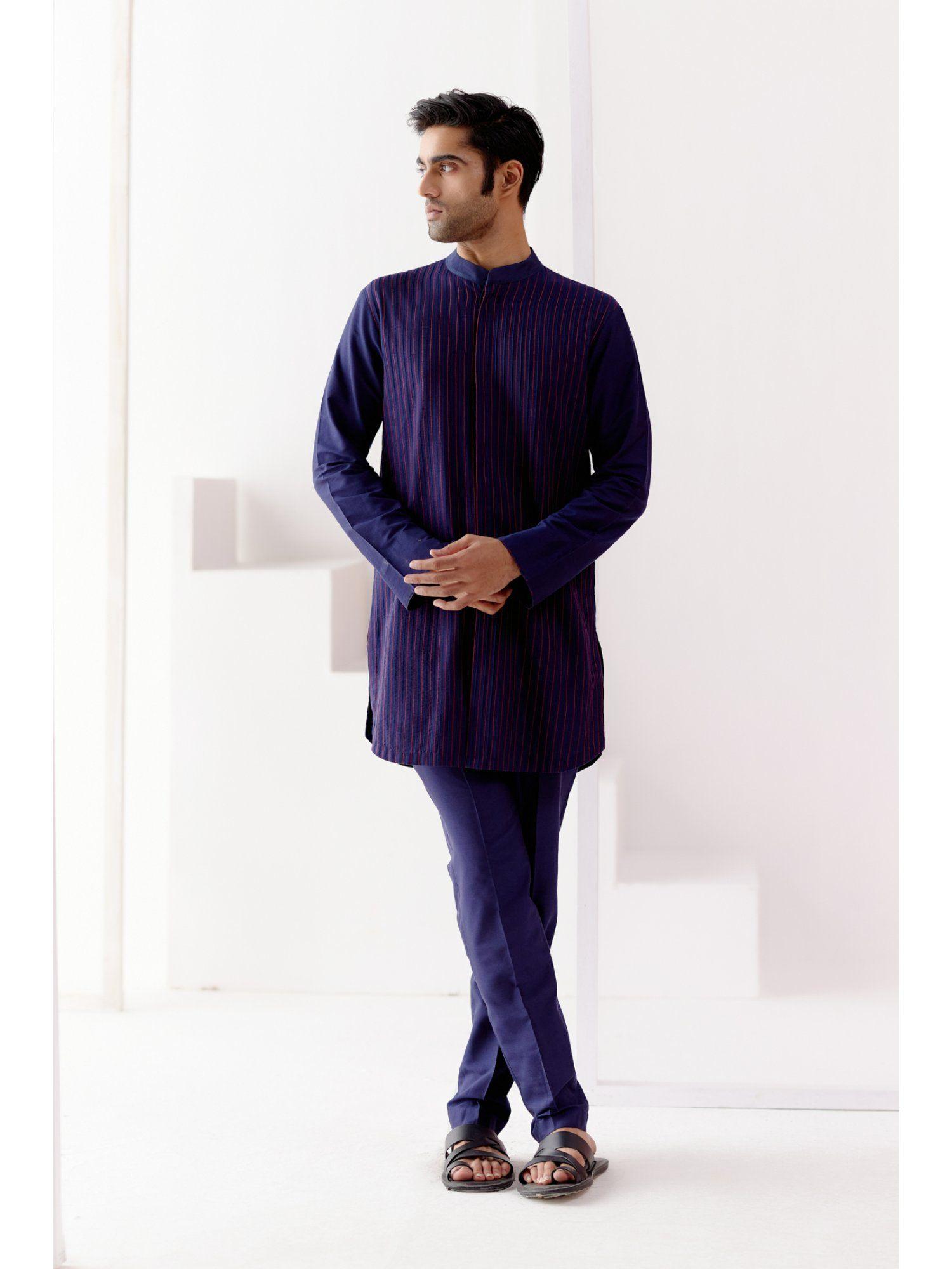 navy blue cotton silk blend pin tucks kurta (set of 2)