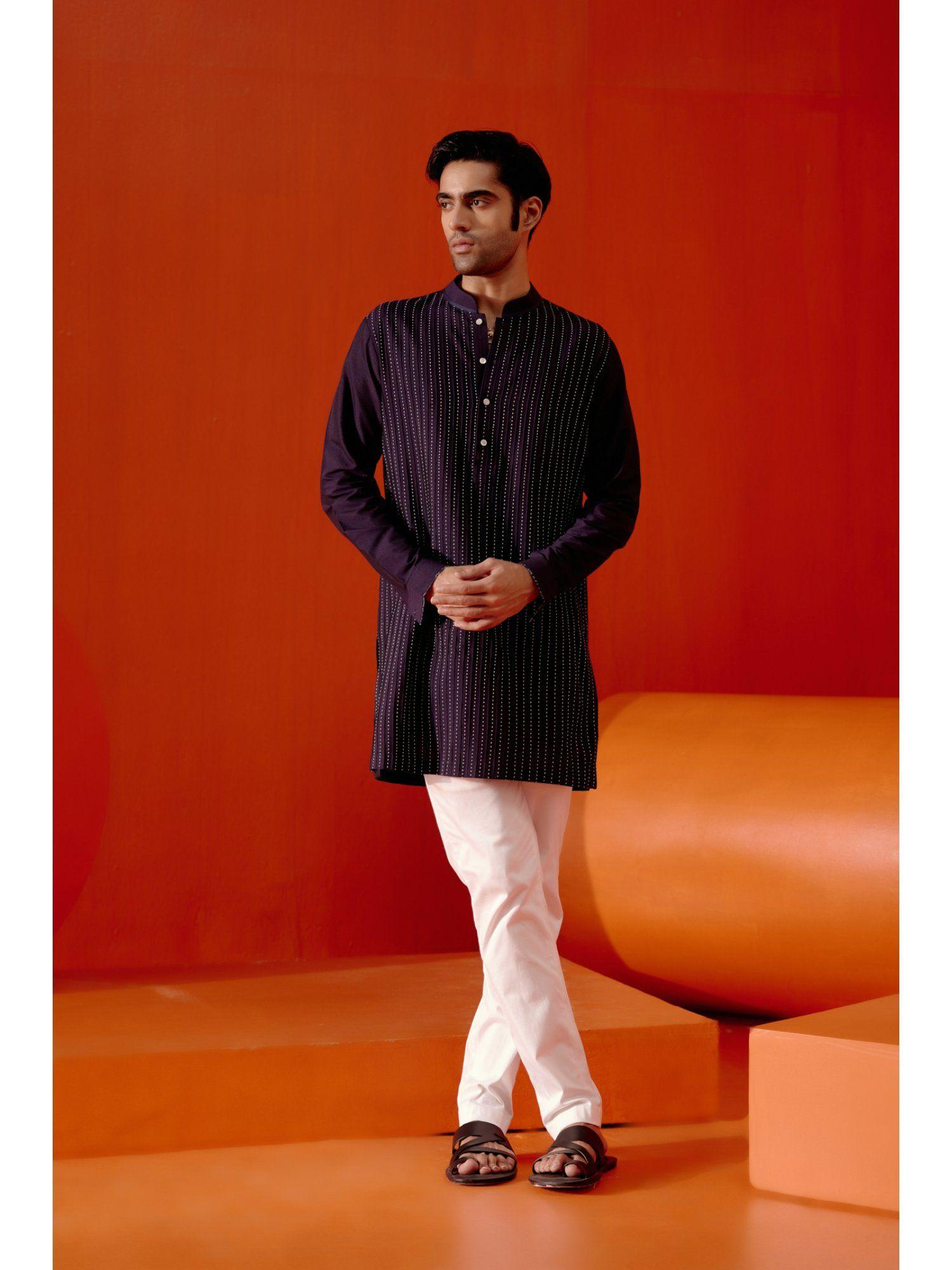 navy blue cotton silk blend pin tucks kurta (set of 2)