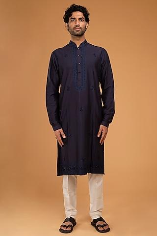 navy blue cotton silk embroidered kurta set