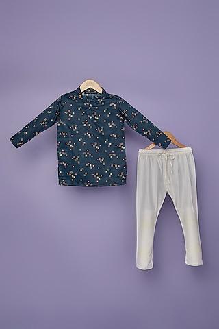navy blue cotton silk geometric printed kurta set for boys
