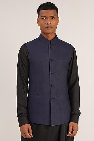 navy blue cotton silk jawahar jacket