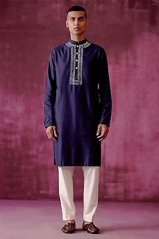 navy blue cotton silk mirror embroidered kurta set