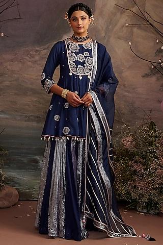 navy blue cotton silk sharara set