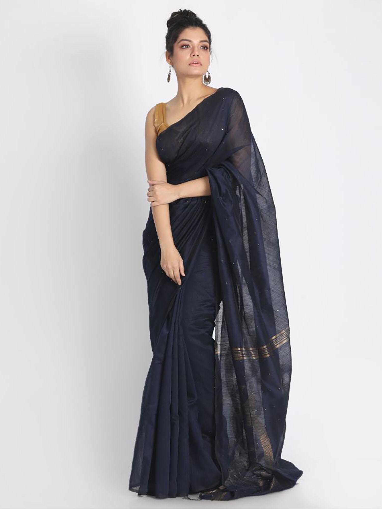 navy blue cotton silk woven saree with unstitched blouse