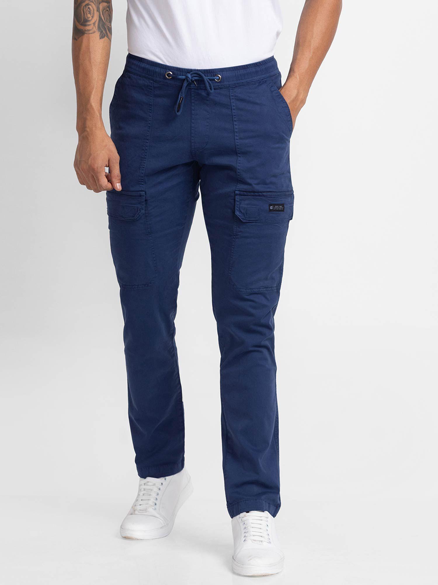 navy blue cotton slim fit regular length trousers for men