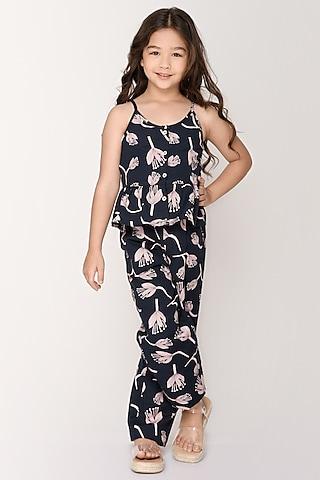 navy blue cotton slub printed co-ord set for girls