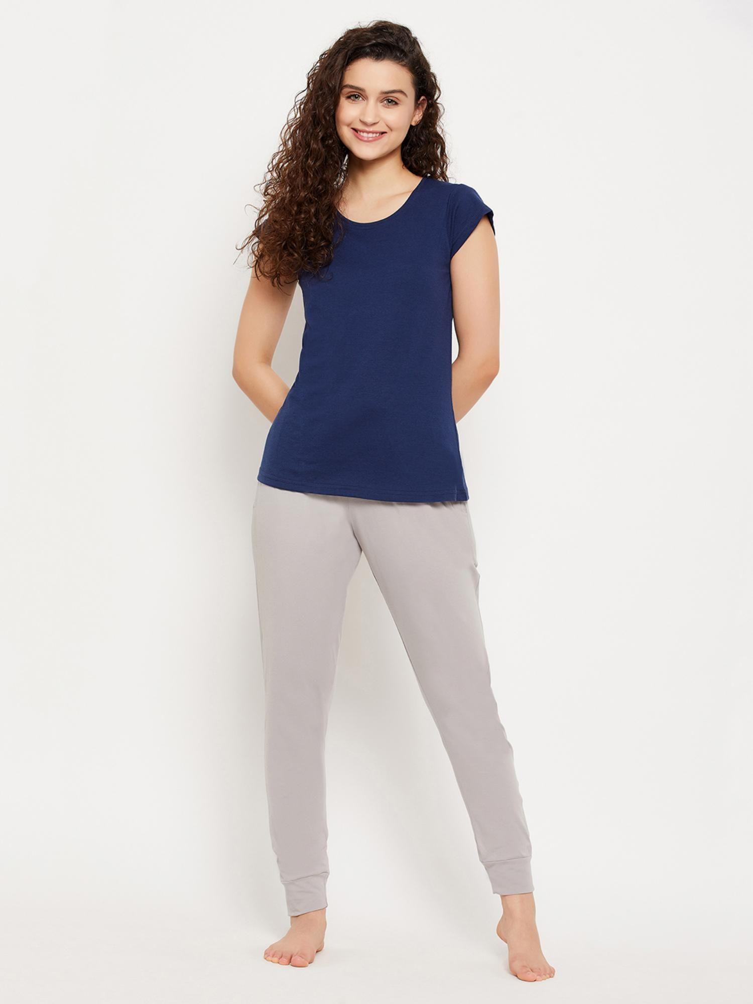 navy blue cotton solid sleepwear t-shirt