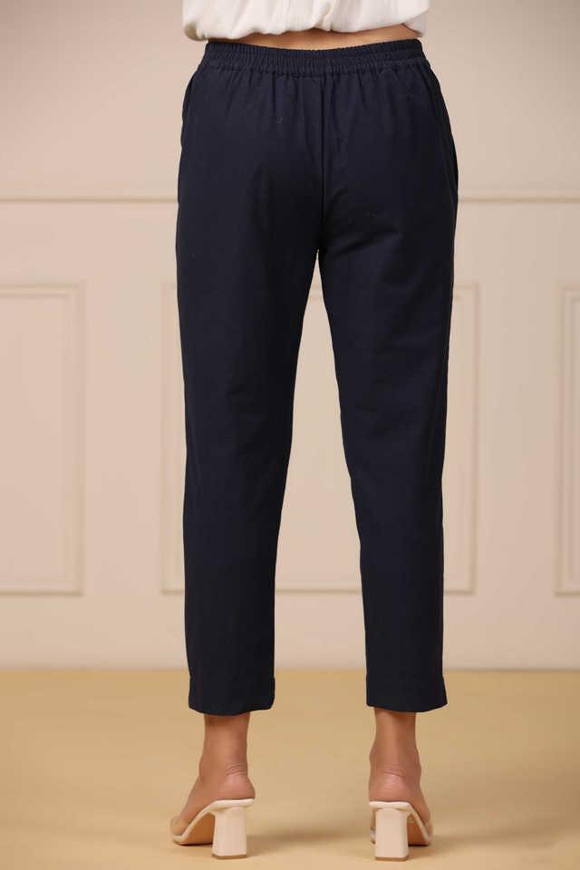 navy blue cotton solid slim fit pants with partially elasticated waistband