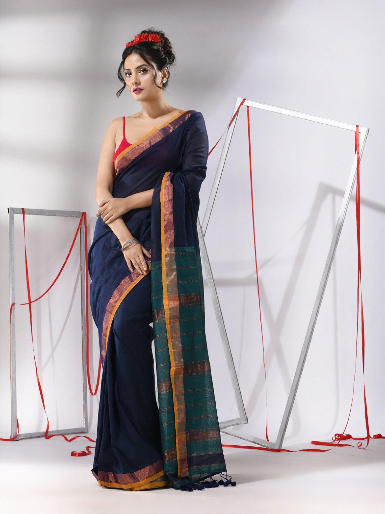 navy blue cotton stripes zari pallu saree with unstitched blouse