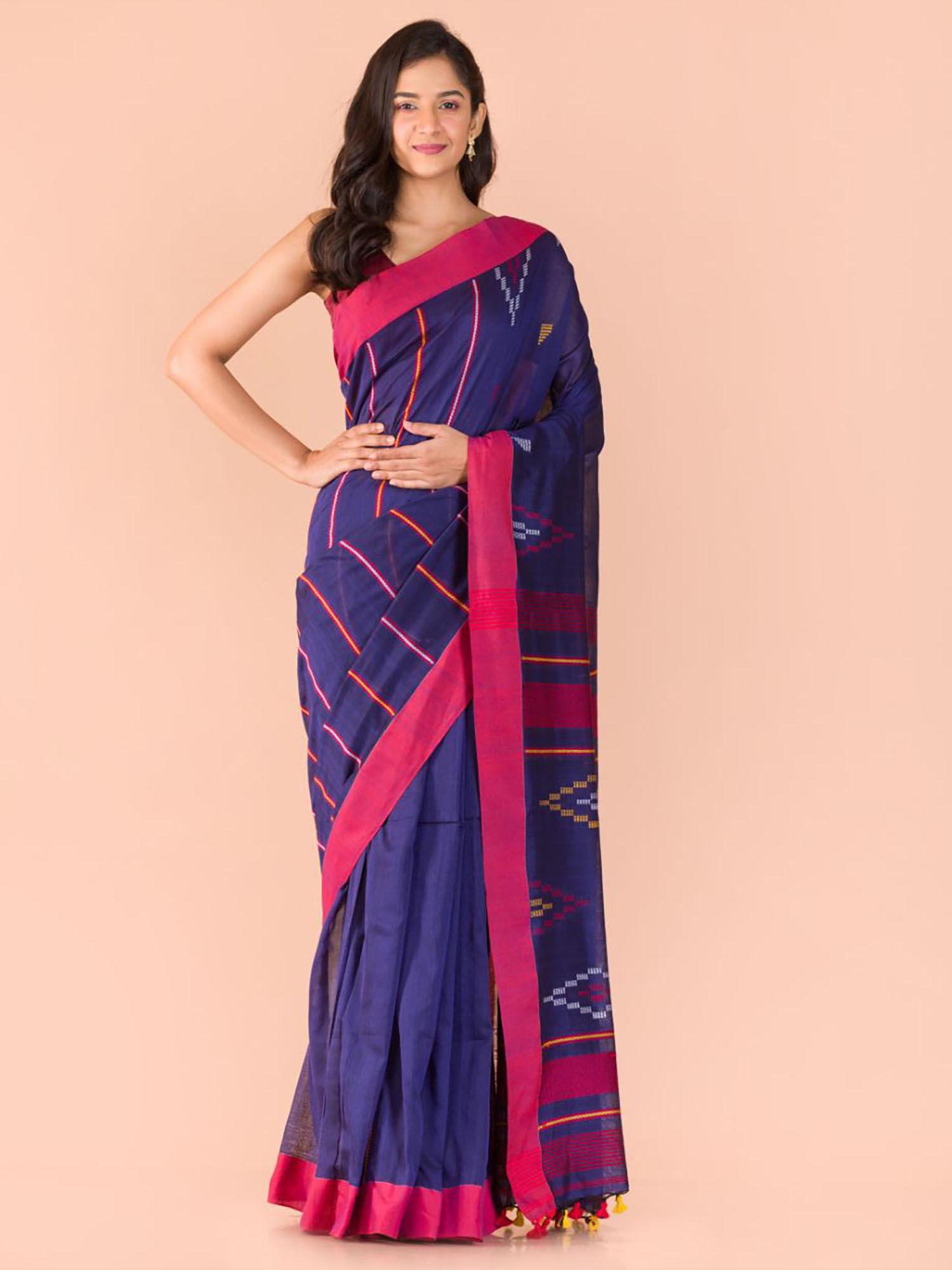 navy blue cotton woven saree with unstitched blouse