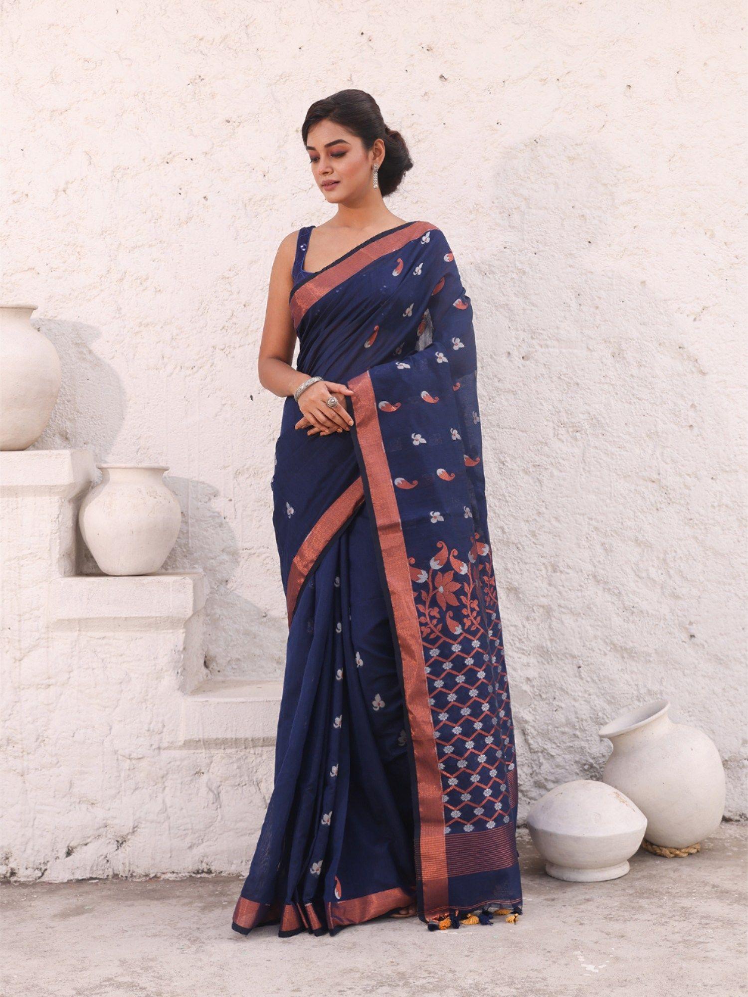 navy blue cotton zari border saree with unstitched blouse