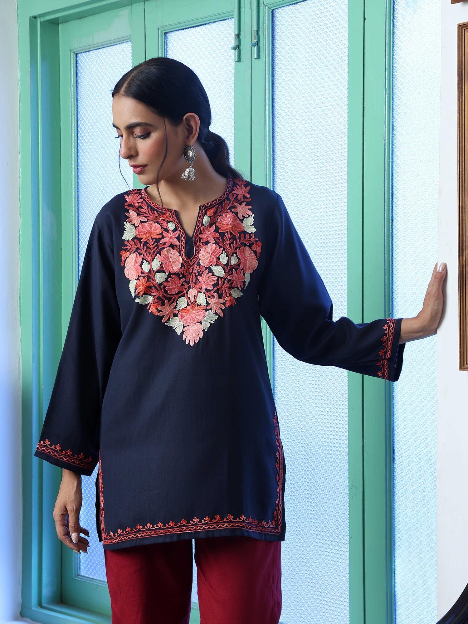 navy blue crafts aari embroidered kurti