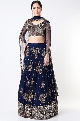 navy blue crepe & net floral embroidered lehenga set