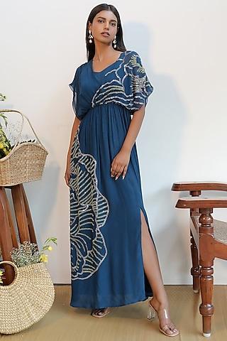 navy blue crepe embellished maxi dress