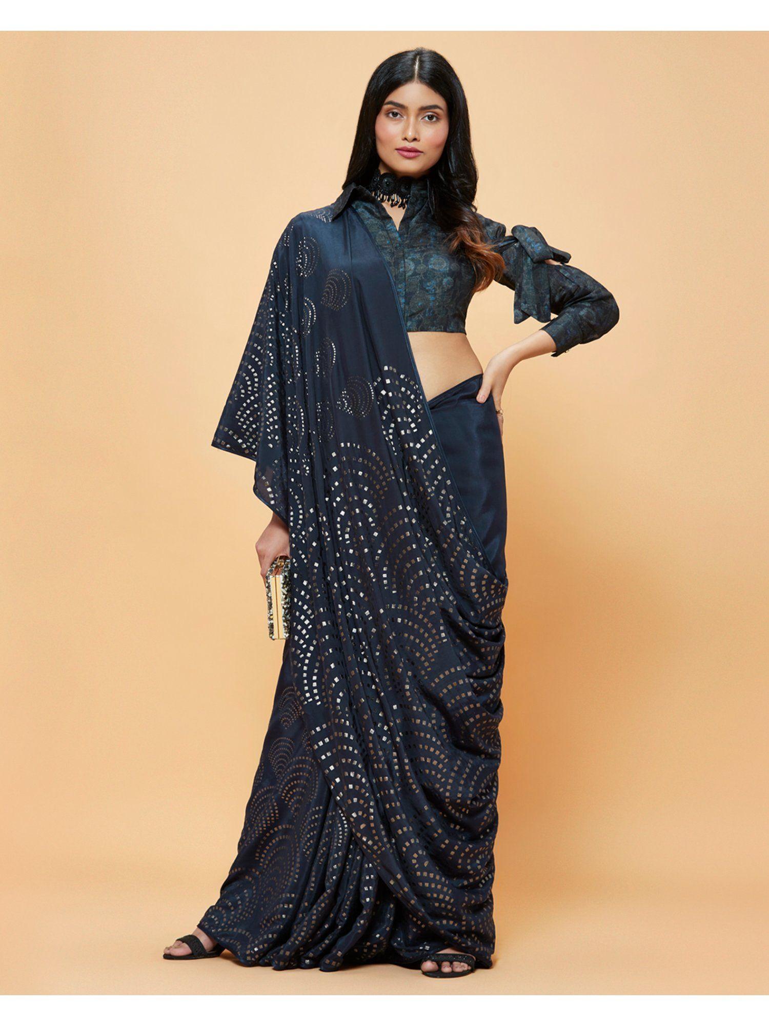 navy blue crepe foil print saree with unstitched blouse
