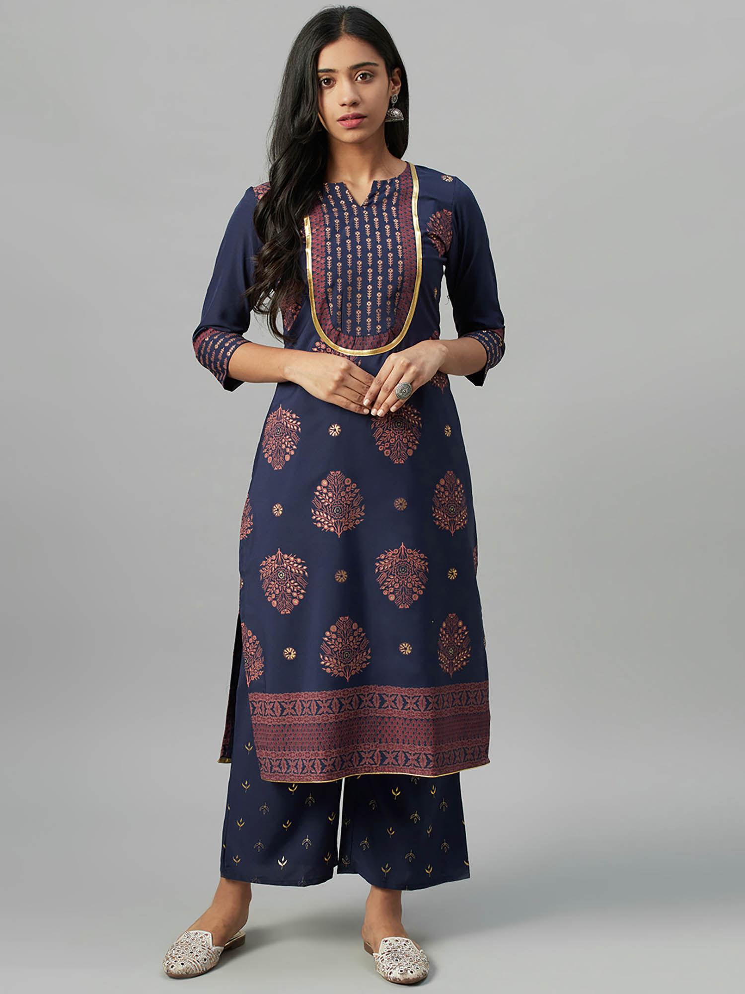 navy blue crepe foil printed straight kurta