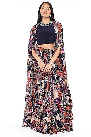 navy blue crepe printed jacket lehenga set