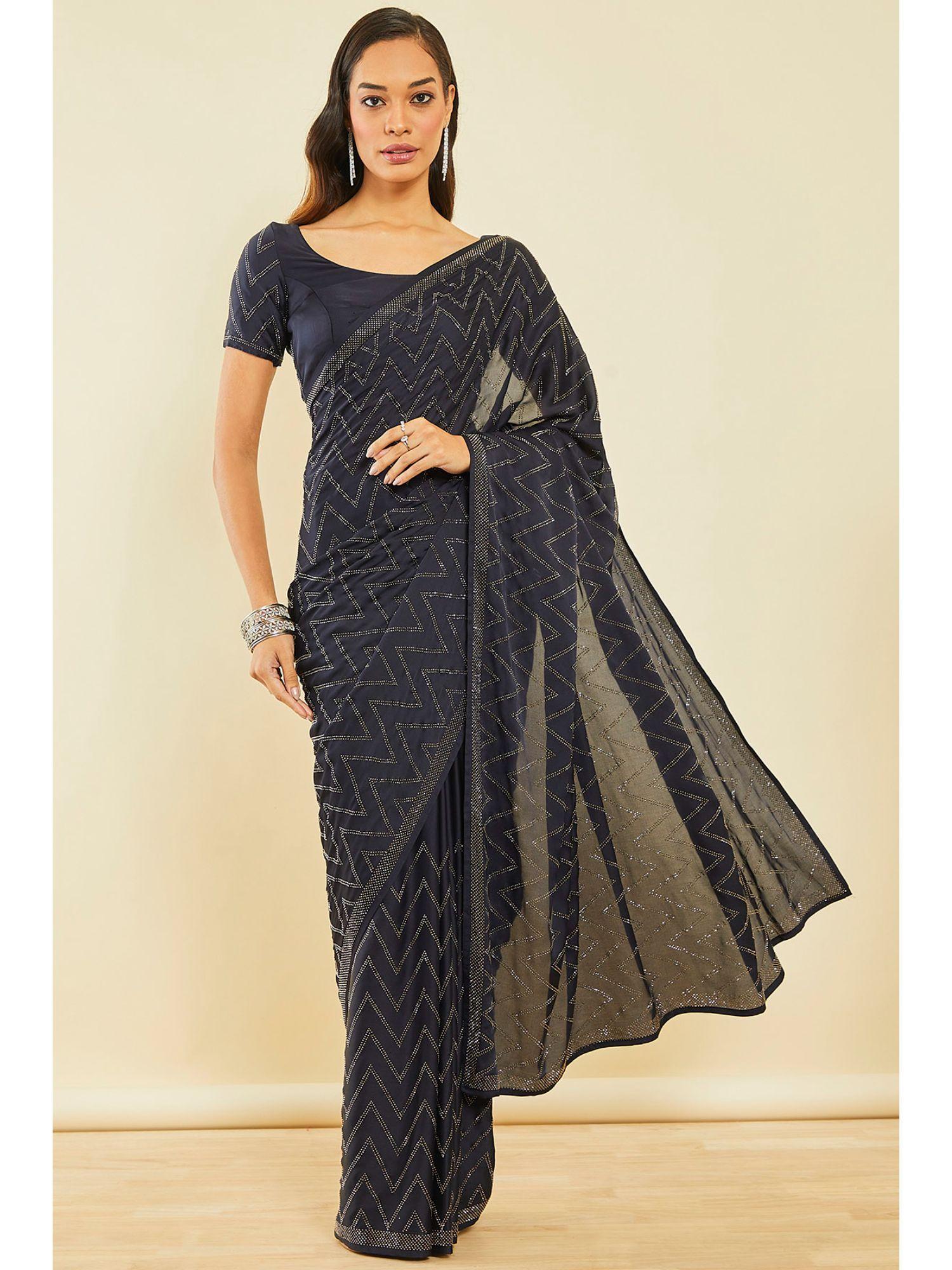 navy blue crepe saree with beads with unstitched blouse