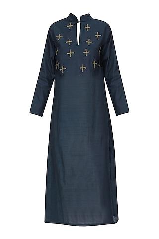 navy blue cross motif embroidered tunic dress