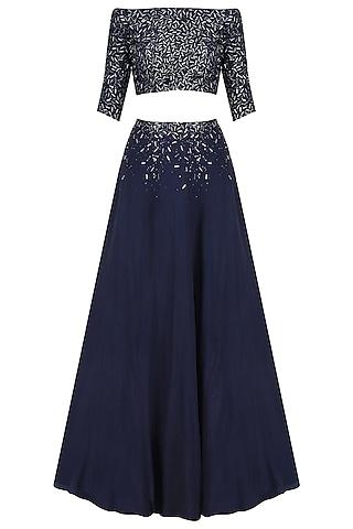 navy blue crystal and sequins embellished lehenga set