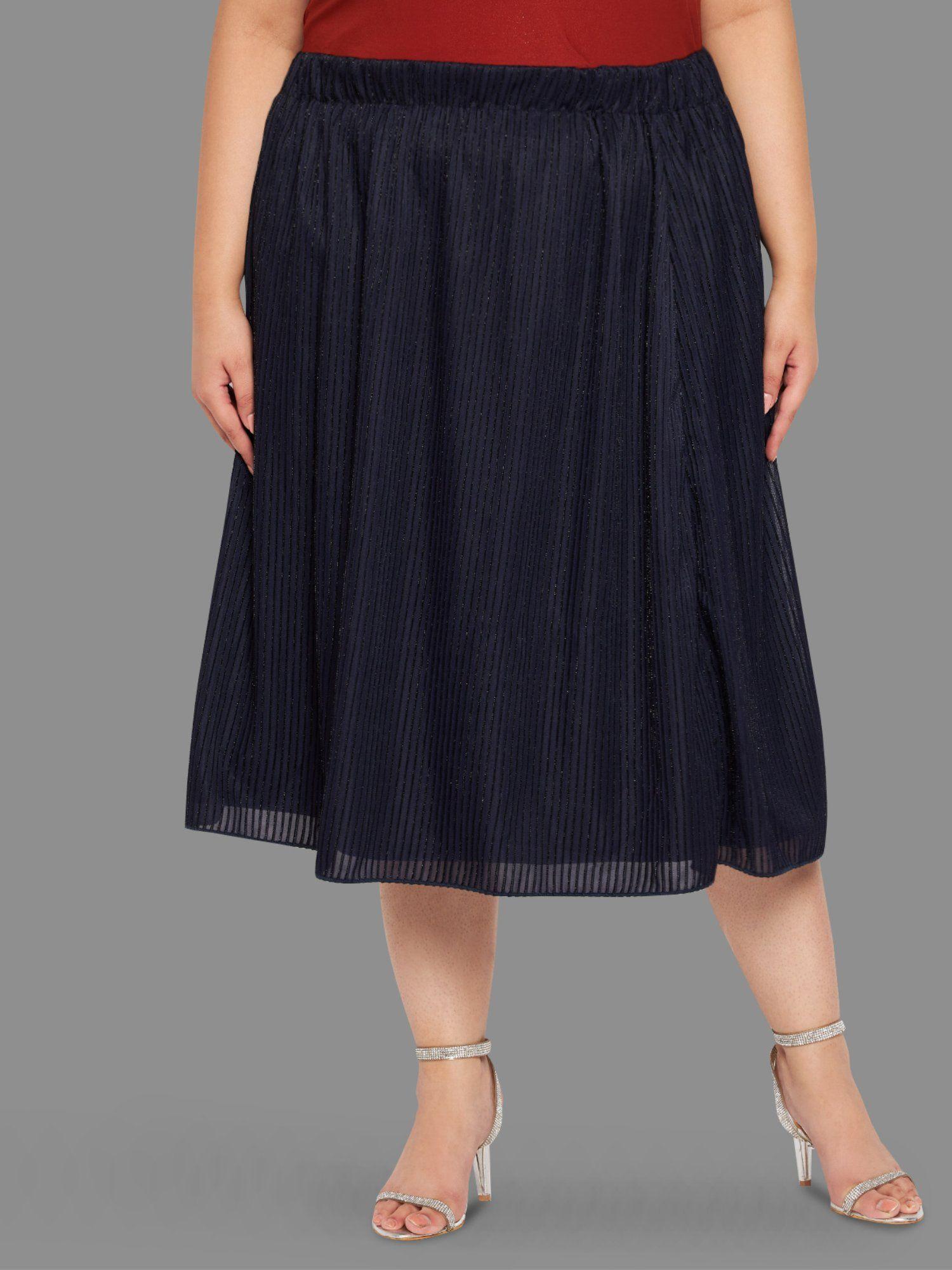 navy blue curve plus size shimmer midi skirt