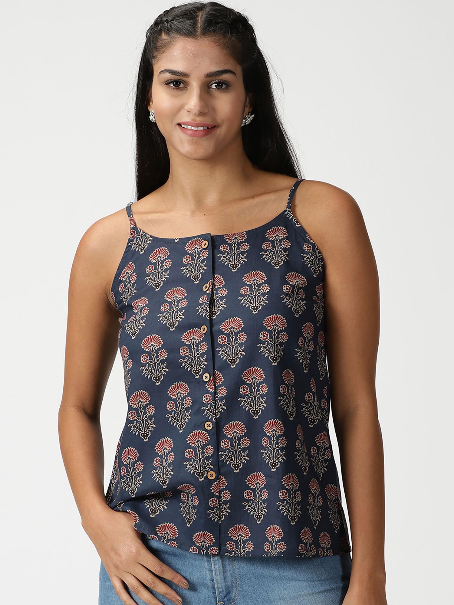 navy blue dahlia print button down strappy top