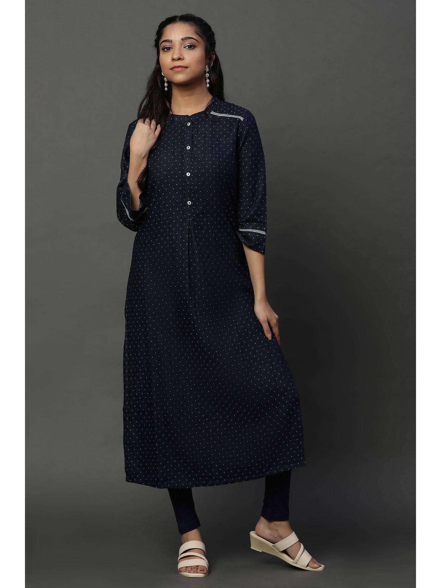 navy blue denim dobby polka dots kurta