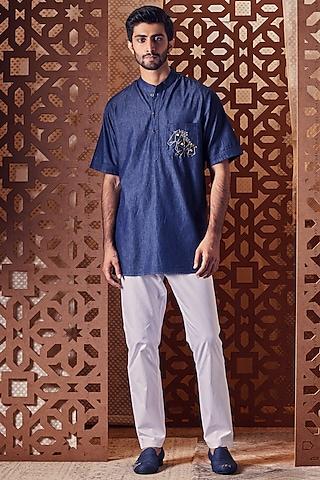 navy blue denim embroidered kurta set