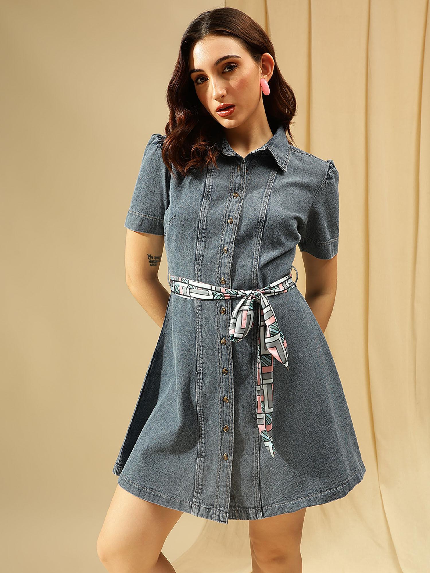 navy blue denim midi shirt dress for women