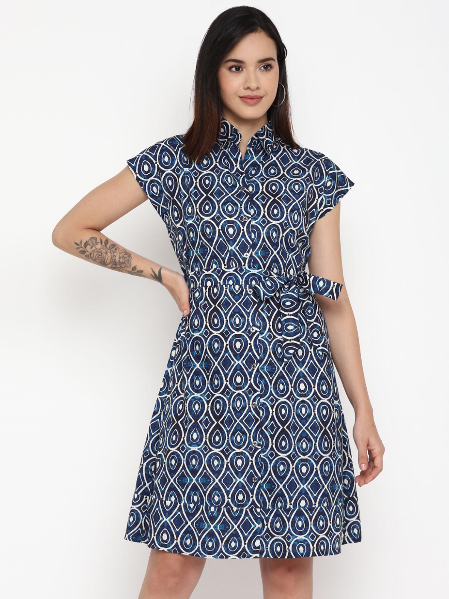 navy blue digital printed crepe dress for women