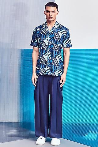 navy blue digital printed resort shirt