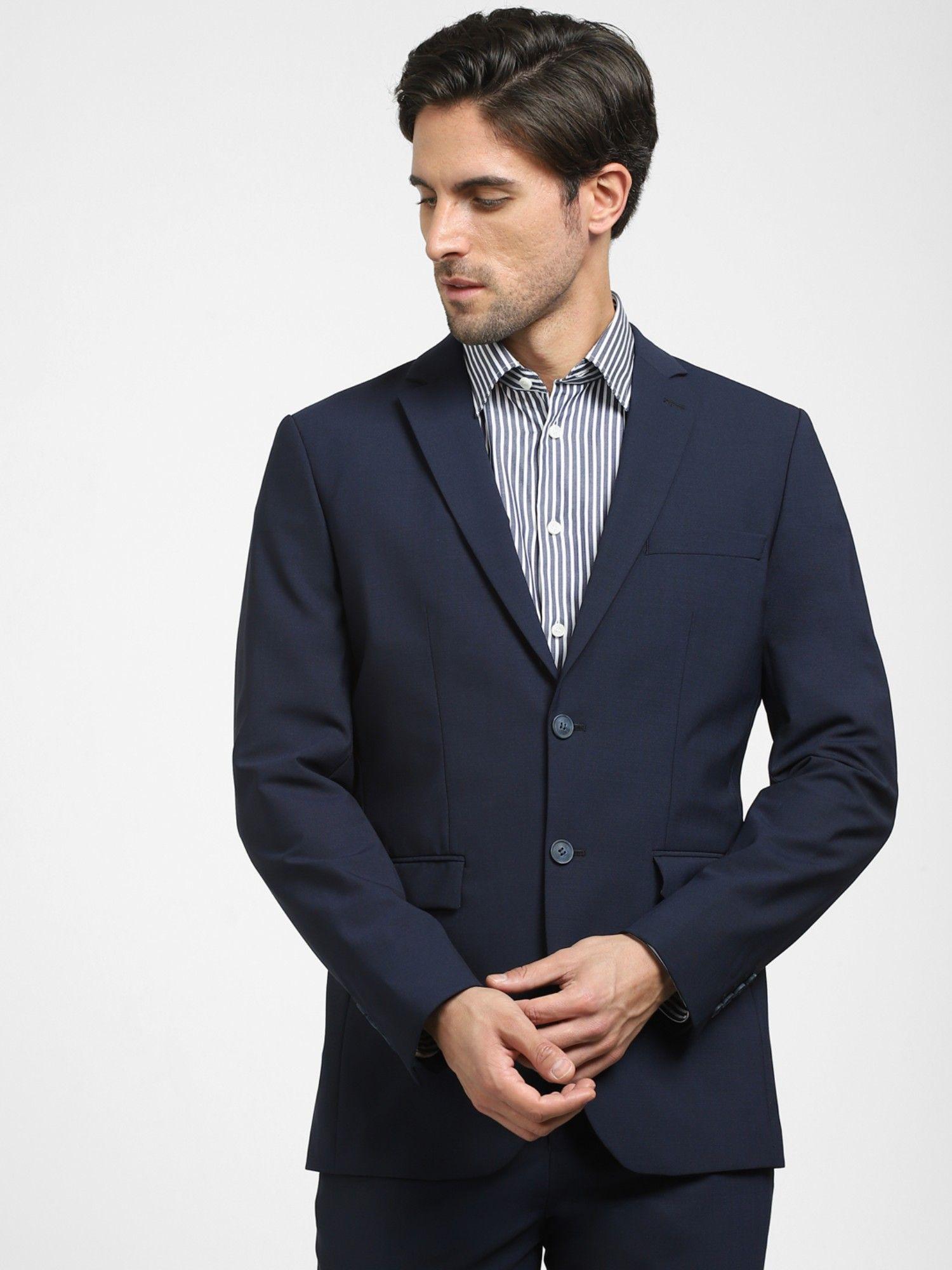 navy blue double button suit-set blazer