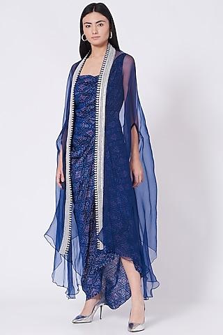 navy blue drape dress with embroidered cape