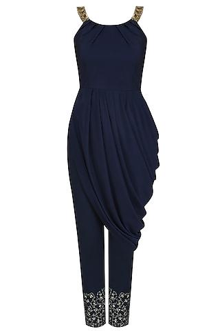 navy blue drape tunic and embroidered pants set