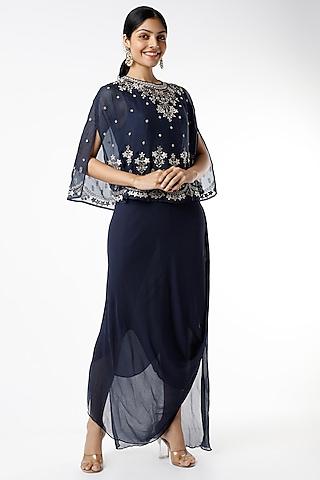 navy blue draped dress with cape