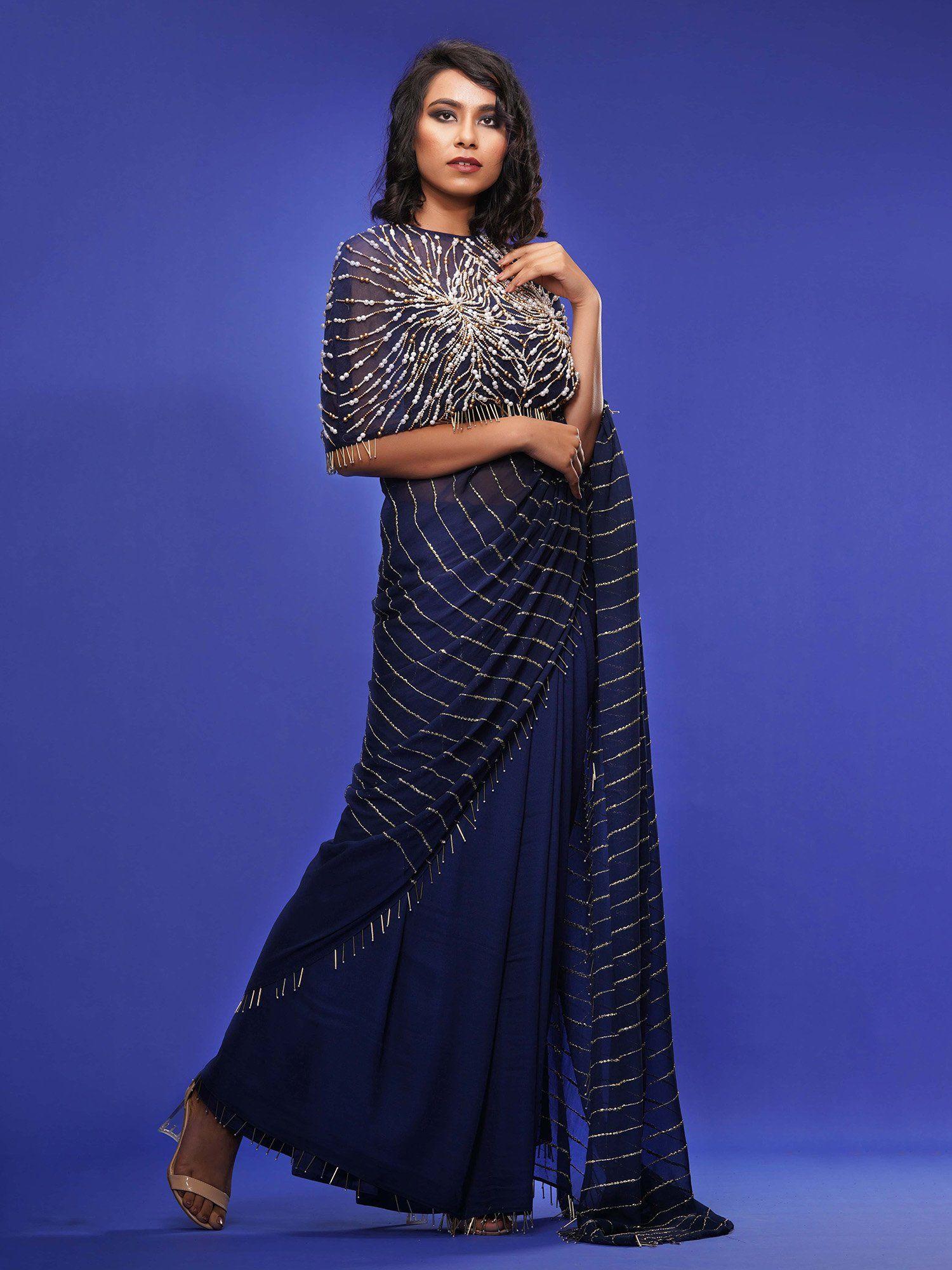 navy blue draped saree with cape with stitched blouse