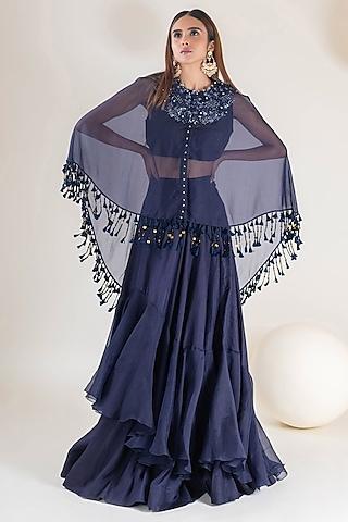 navy blue dupion & organza floral embroidered cape set