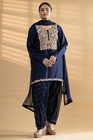 navy blue dupion silk anchor thread embroidered kurta set