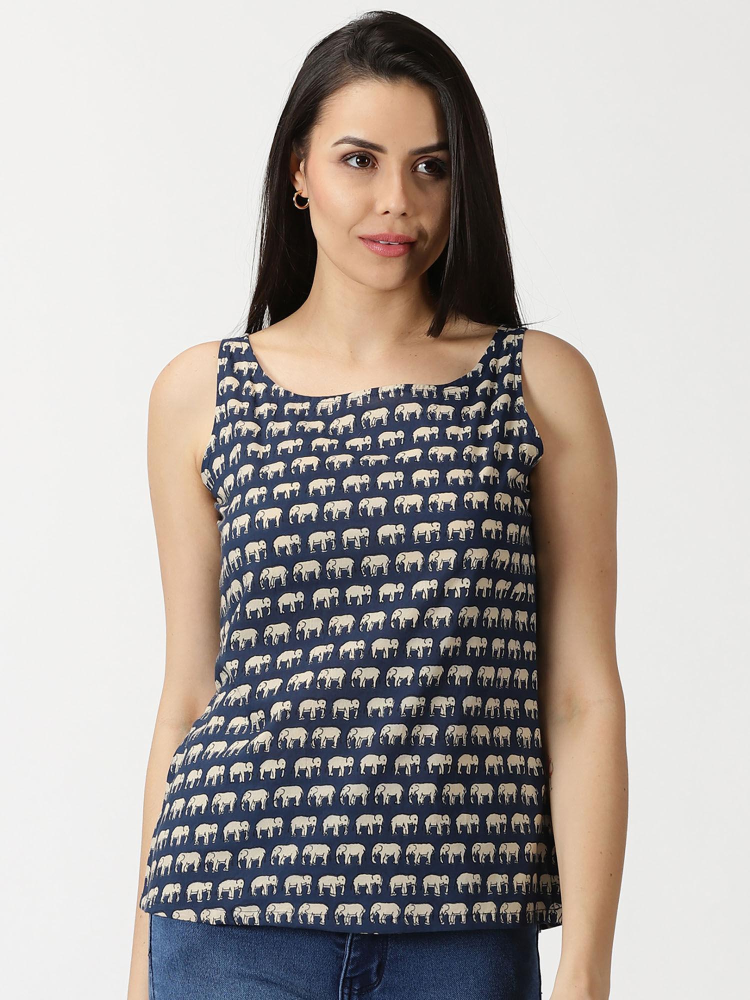 navy blue elephant print cotton tank top