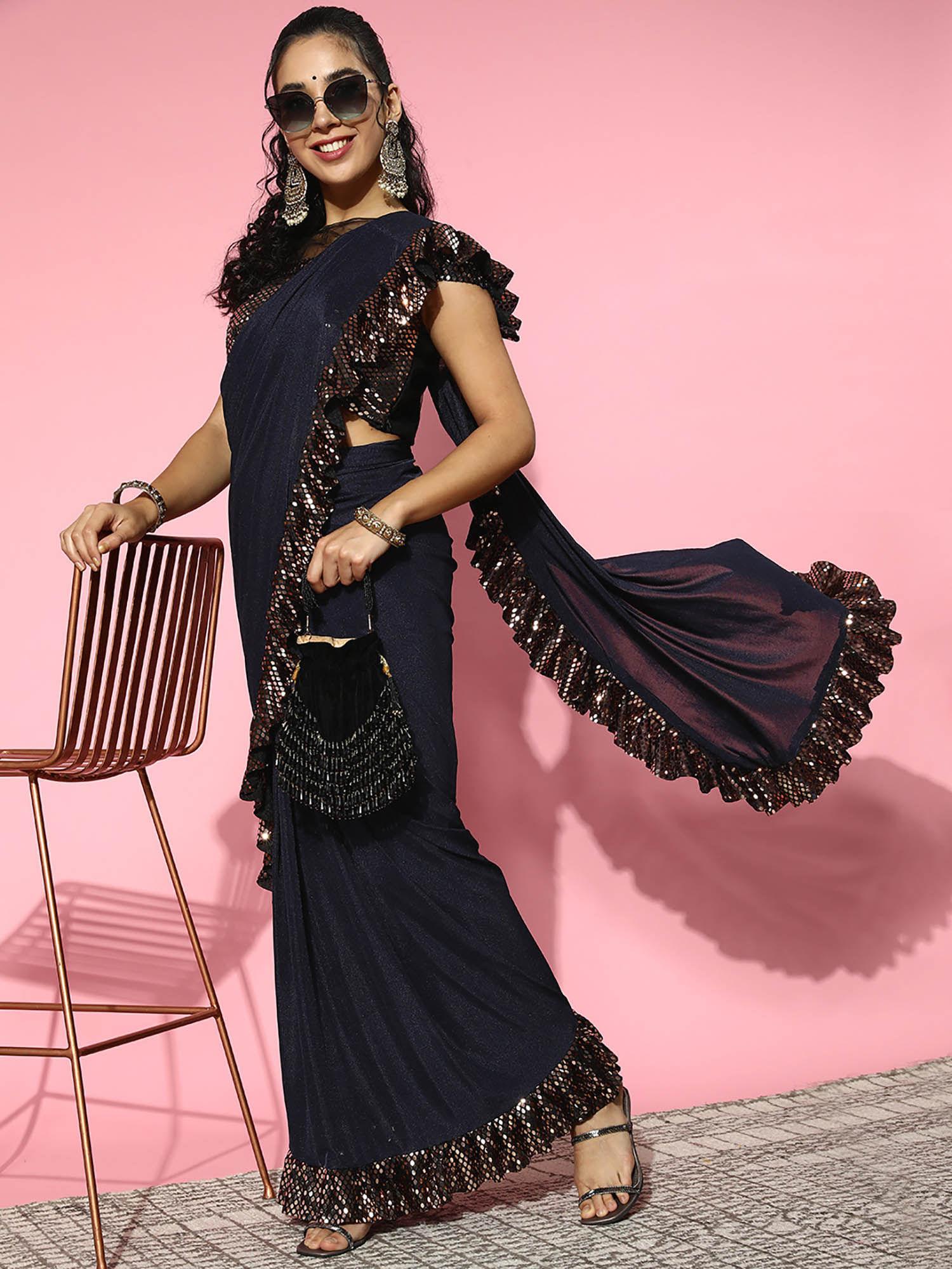 navy blue embellished/sequined pre-draped saree with stitched blouse