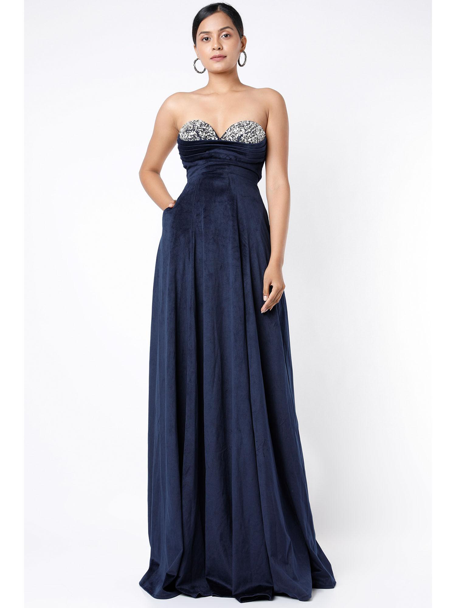 navy blue embellished bodice gown