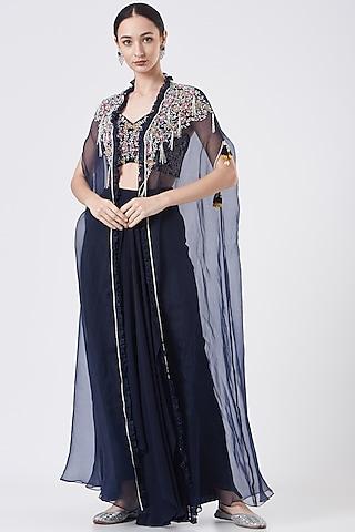 navy blue embellished cape set