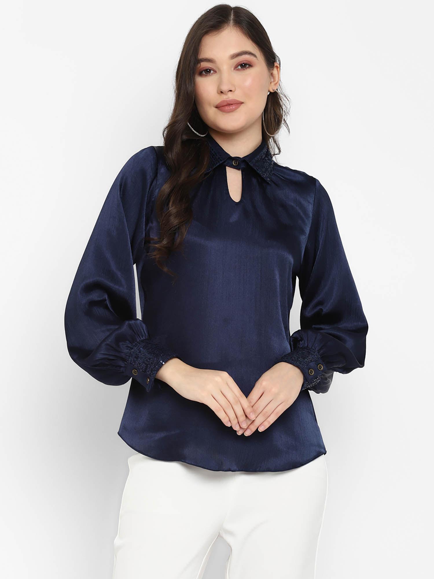 navy blue embellished crepe shirt style top