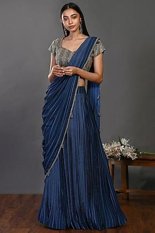 navy blue embellished draped saree set