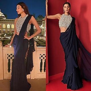 navy blue embellished draped saree